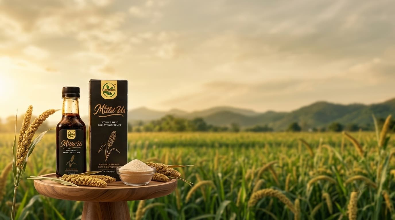 Millet-Us bottle, box, and raw millet sugar staged on a wooden table in a millet field at golden hour